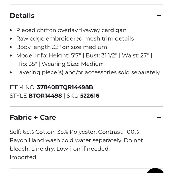 BKE Boutique Chiffon Lace overlay Flyaway Cardigan. Size XSmall Glacier … - Picture 14 of 14